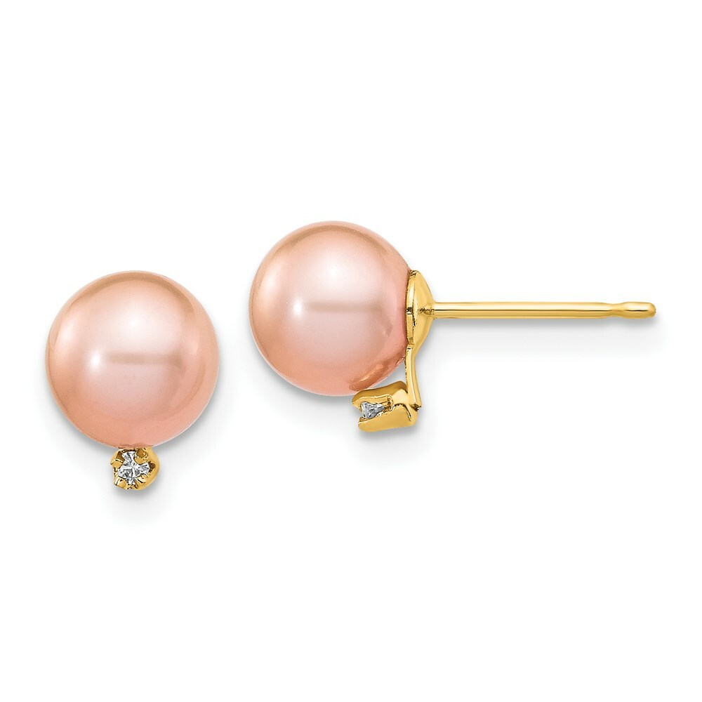 14K Yellow Gold 5-6mm Round Pink Freshwater Cultured Pearl Diamond Post Earrings 0.02-Carat tw