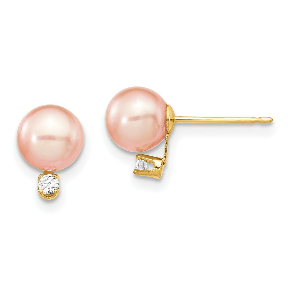14K Yellow Gold 6-7mm Round Pink Freshwater Cultured Pearl Diamond Post Earrings 1/15-Carat tw