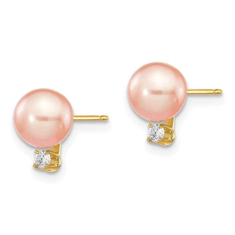 14K Yellow Gold 6-7mm Round Pink Freshwater Cultured Pearl Diamond Post Earrings 1/15-Carat tw