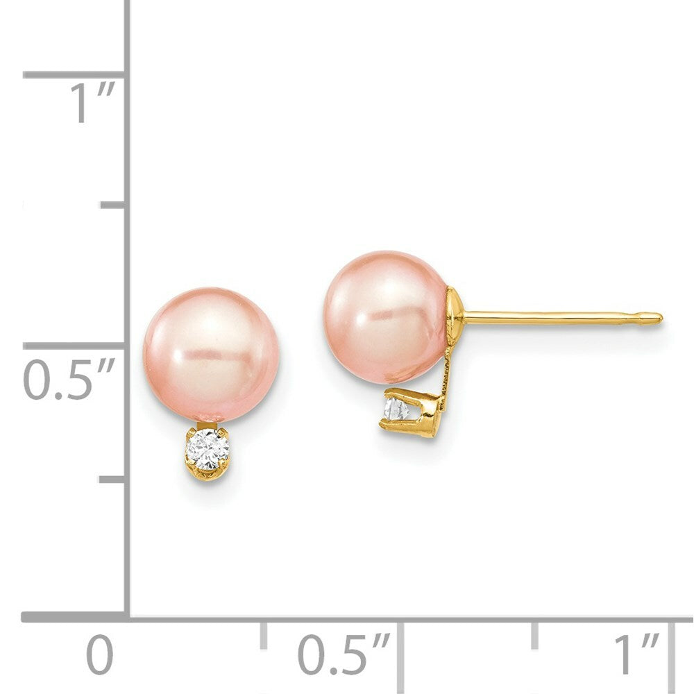 14K Yellow Gold 6-7mm Round Pink Freshwater Cultured Pearl Diamond Post Earrings 1/15-Carat tw