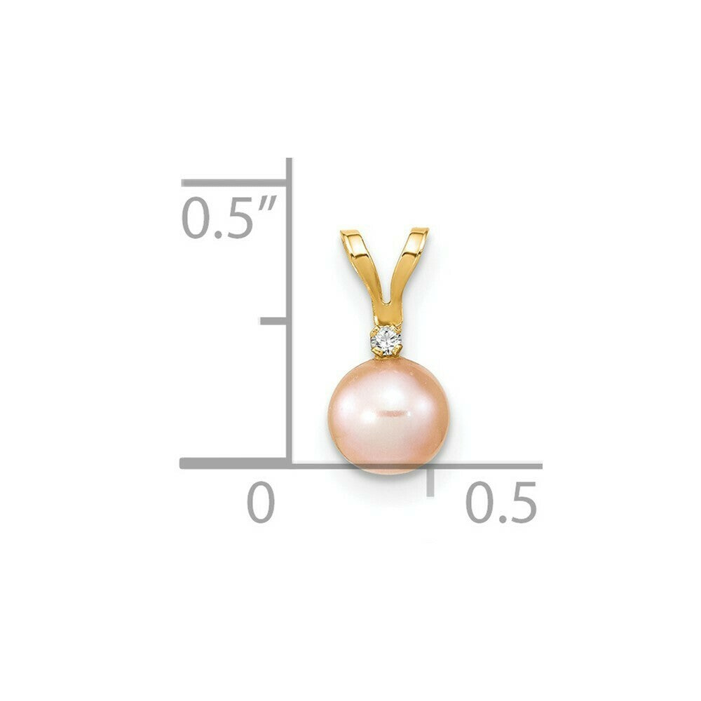 14K Yellow Gold 5-6mm Round Pink Freshwater Cultured Pearl Diamond Pendant
