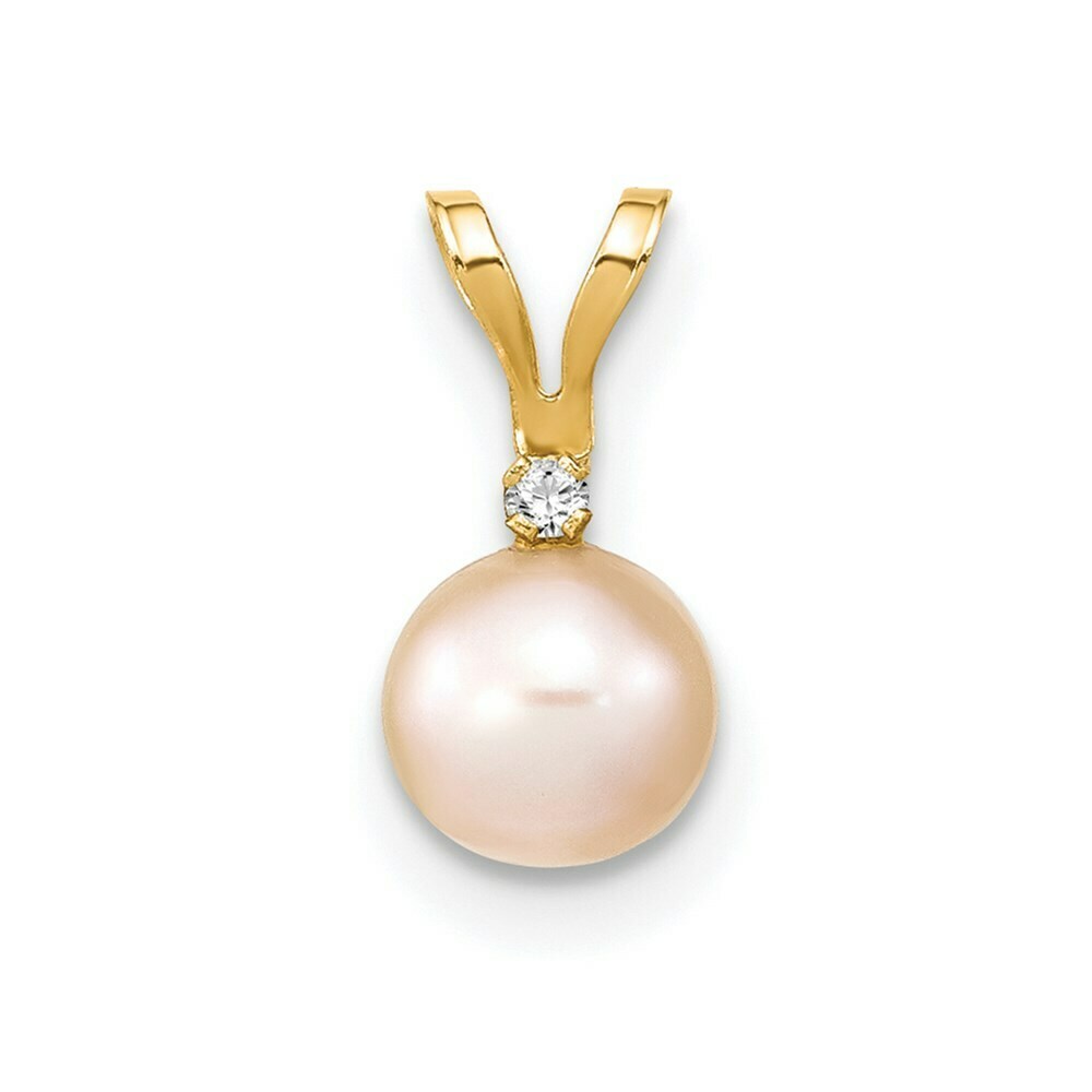 14K Yellow Gold 5-6mm Round Pink Freshwater Cultured Pearl Diamond Pendant