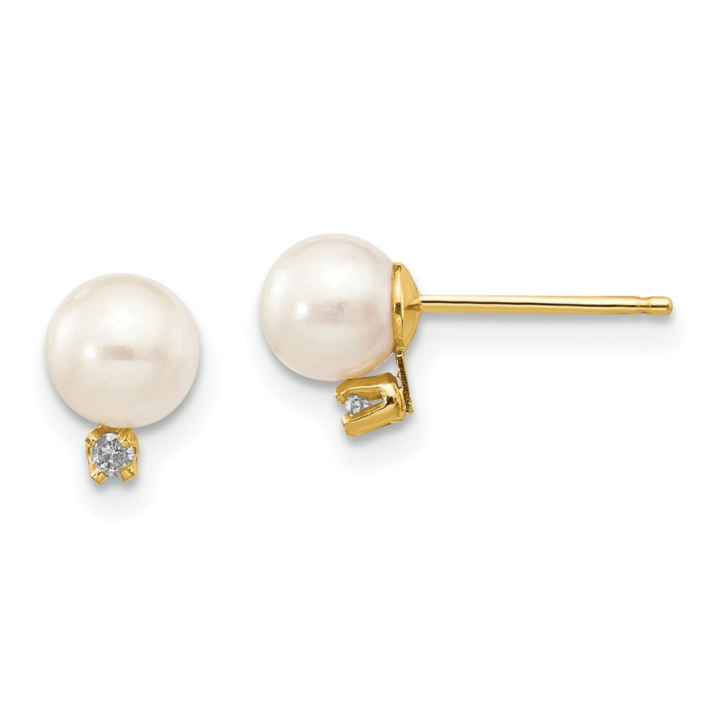 14K Yellow Gold Diamond 5-6mm Round White Freshwater Cultured Pearl Studs 0.02-Carat tw