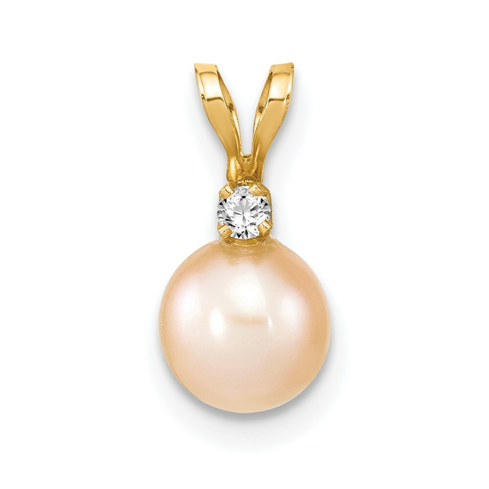 14k Yellow Gold 6-7mm Round Pink Freshwater Cultured Pearl Diamond Pendant