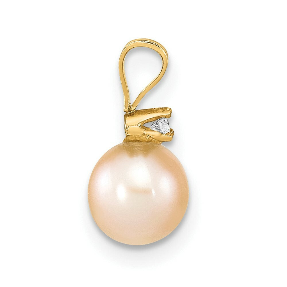 14k Yellow Gold 6-7mm Round Pink Freshwater Cultured Pearl Diamond Pendant