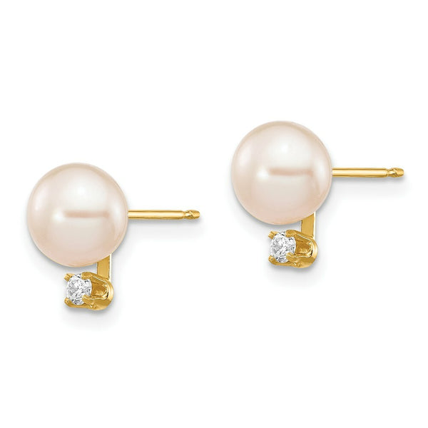 14K Yellow Gold 6-7mm Round White Freshwater Cultured Pearl Diamond Post Earrings 1/15-Carat tw