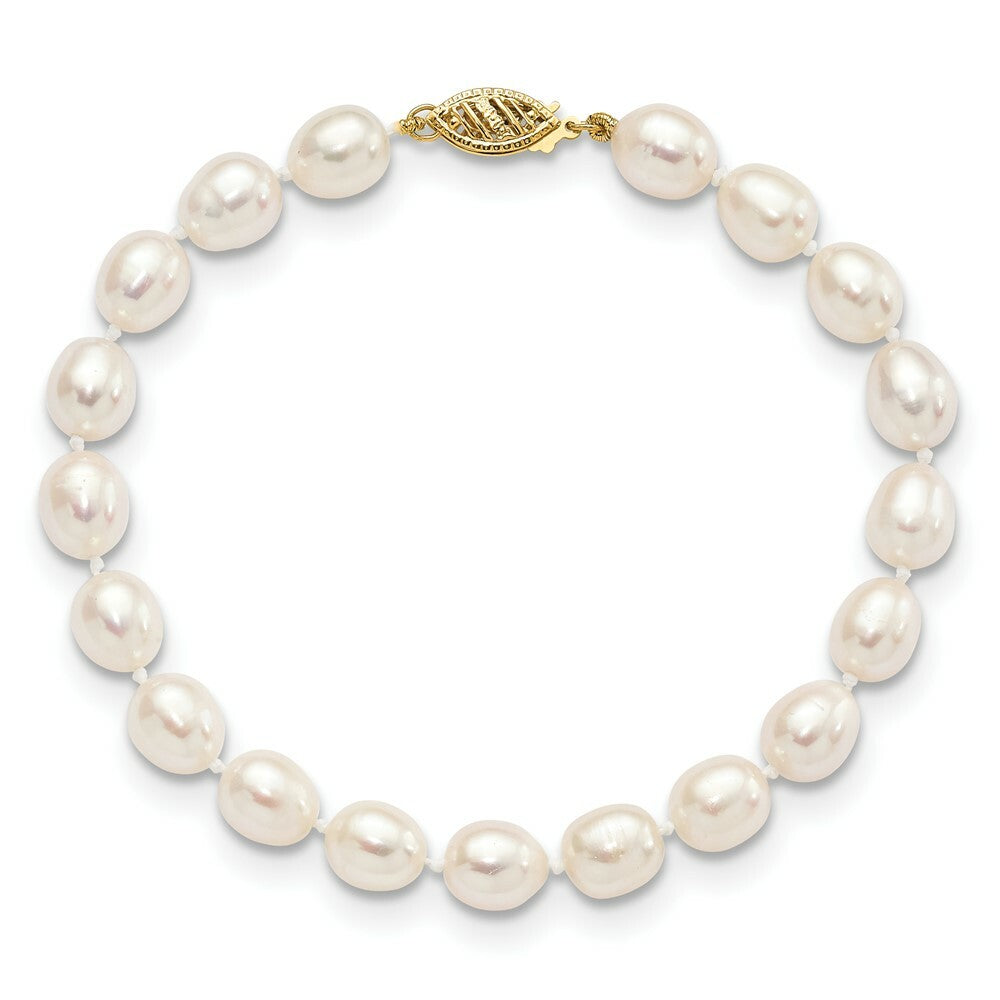 14K Yellow Gold 7-7.5mm White Rice Freshwater Cultured Pearl Bracelet  length: 7.5 inches
