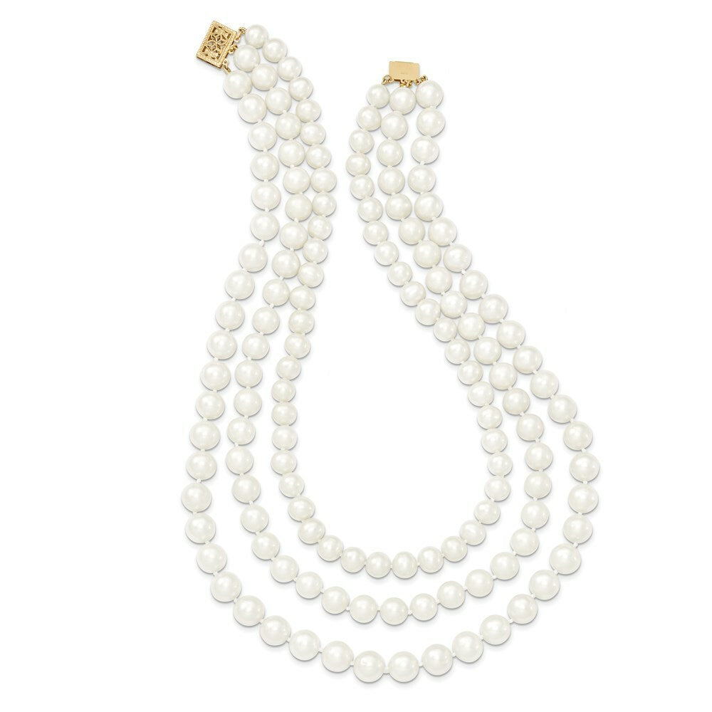 14K Yellow Gold 8-9mm White Freshwater Cultured 3-Strand Pearl Necklace  length: 16 inches