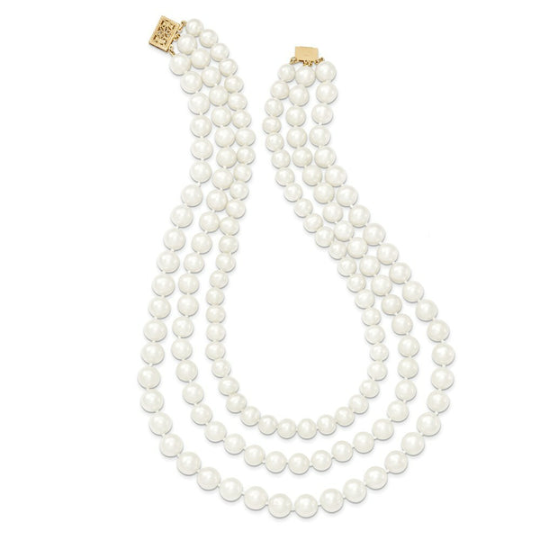 14K Yellow Gold 8-9mm White Freshwater Cultured 3-Strand Pearl Necklace  length: 16 inches