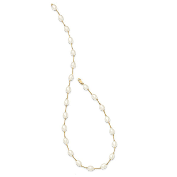 14K Yellow Gold Bead and 7-8mm White Freshwater Cultured Pearl Necklace  length: 18 inches
