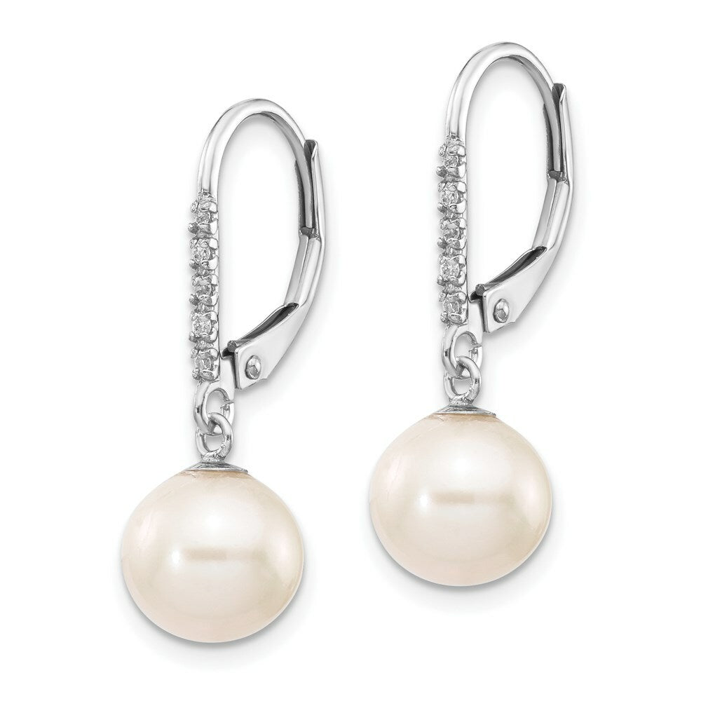 14k White Gold Diamond 8-9mm White Freshwater Cultured Rd Pearl Leverback Earrings1/20-Carat tw