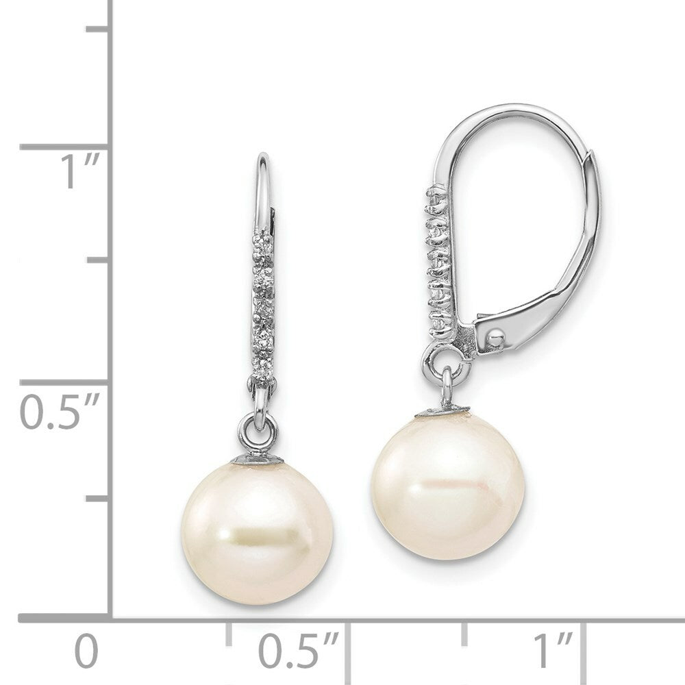 14k White Gold Diamond 8-9mm White Freshwater Cultured Rd Pearl Leverback Earrings1/20-Carat tw