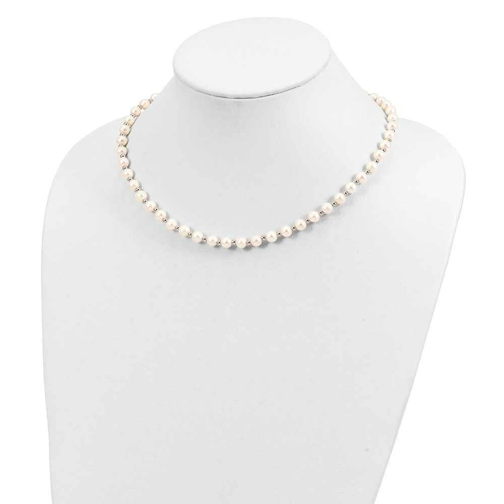 14k White Gold Bead and 6-7mm White Freshwater Cultured Pearl Necklace  length: 18 inches