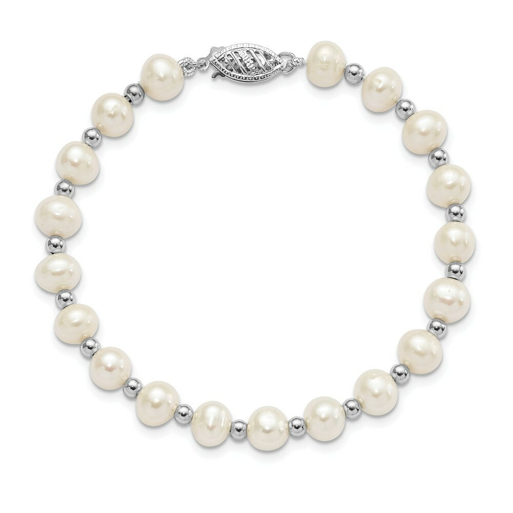 14k White Gold Bead and 6-7mm White Freshwater Cultured Pearl Bracelet  length: 7 inches