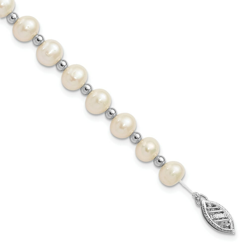 14k White Gold Bead and 6-7mm White Freshwater Cultured Pearl Bracelet  length: 7 inches