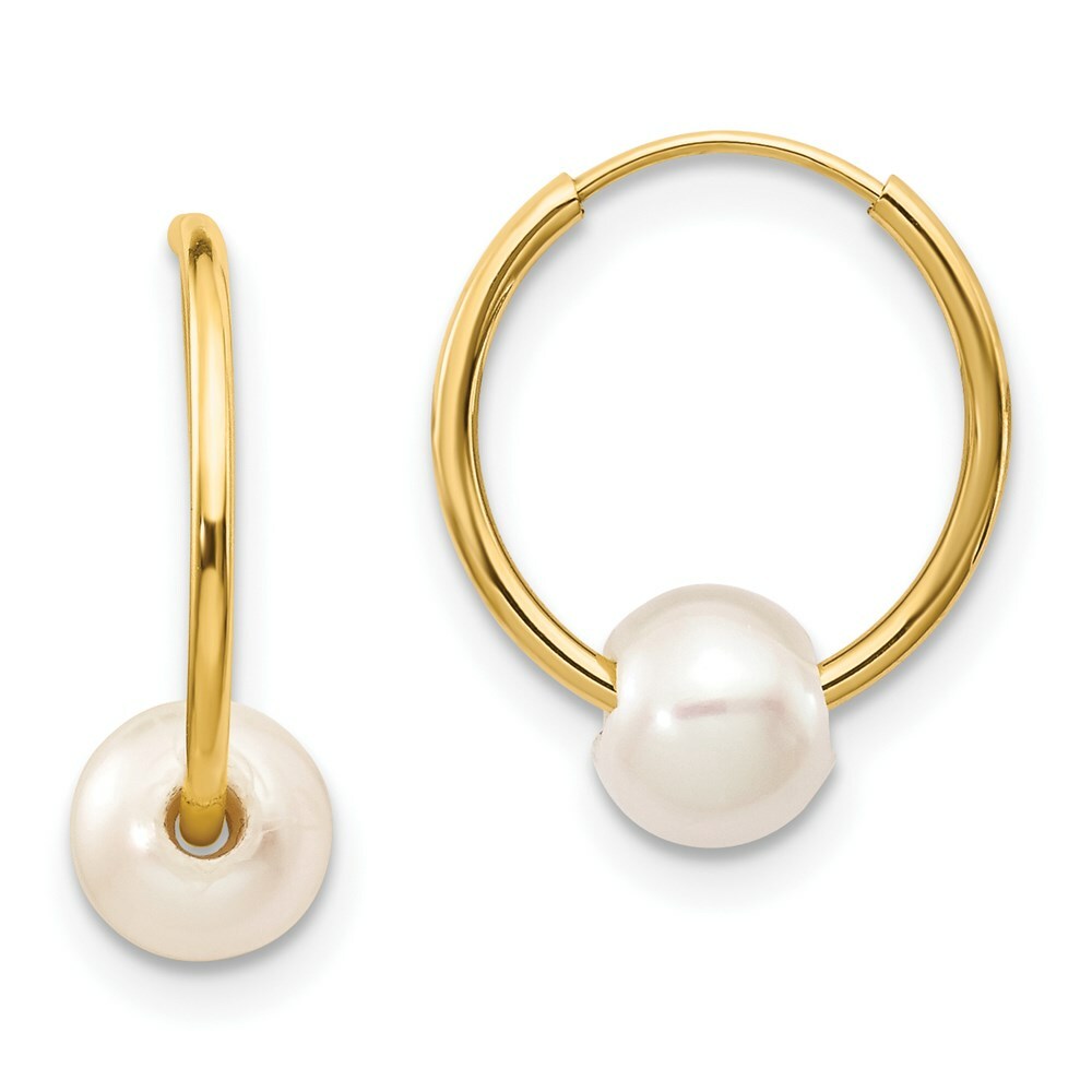 14K Yellow Gold 5-6mm White Freshwater Cultured Pearl Endless Hoop Earrings