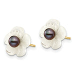 Load image into Gallery viewer, 14K Yellow Gold 3-4mm Black Freshwater Cultured Pearl 10 mm Mother of Pearl Flower Post Stud Earrings

