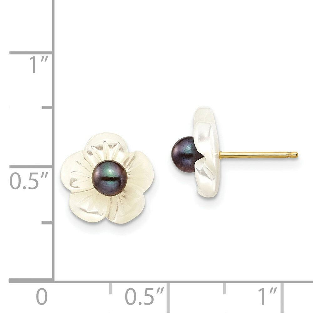 14K Yellow Gold 3-4mm Black Freshwater Cultured Pearl 10 mm Mother of Pearl Flower Post Stud Earrings