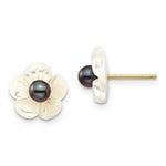 Load image into Gallery viewer, 14K Yellow Gold 3-4mm Black Freshwater Cultured Pearl 10 mm Mother of Pearl Flower Post Stud Earrings
