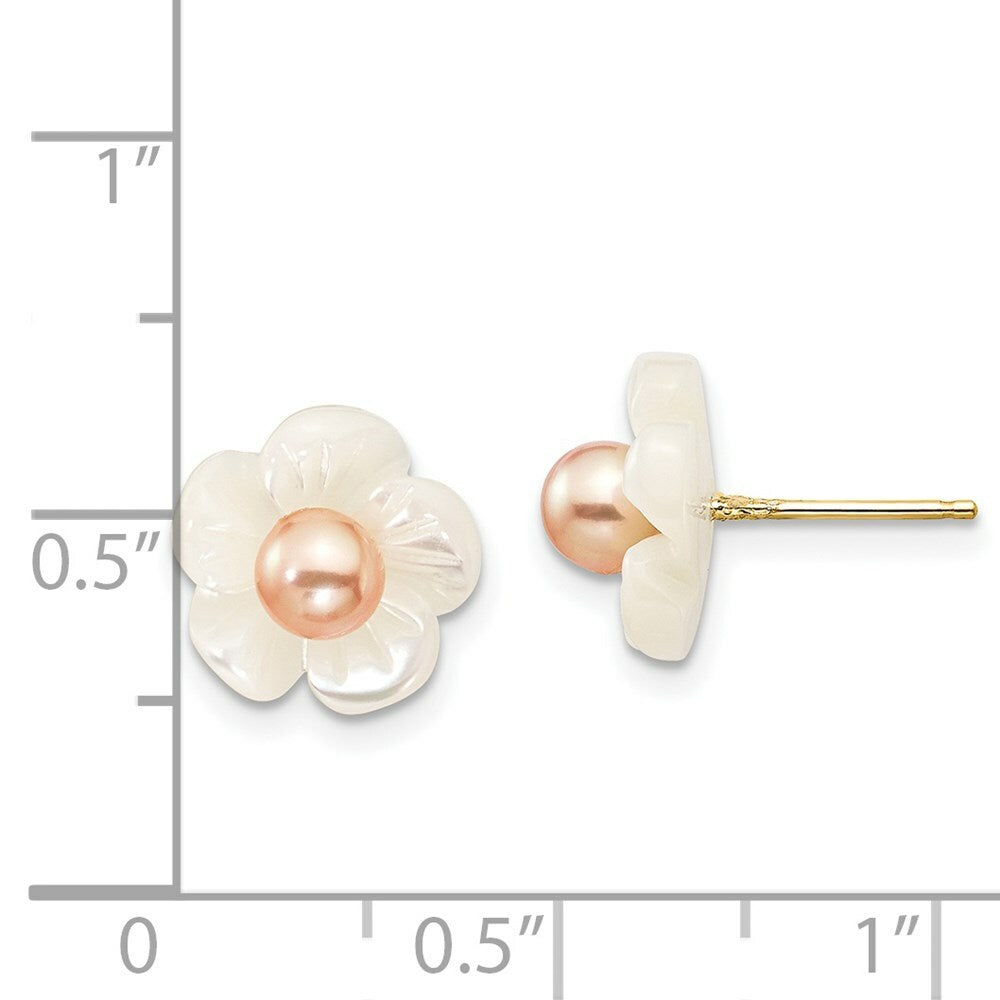 14K Yellow Gold 3-4mm Pink Freshwater Cultured Pearl 10mm Mother of Pearl Flower Post Stud Earrings