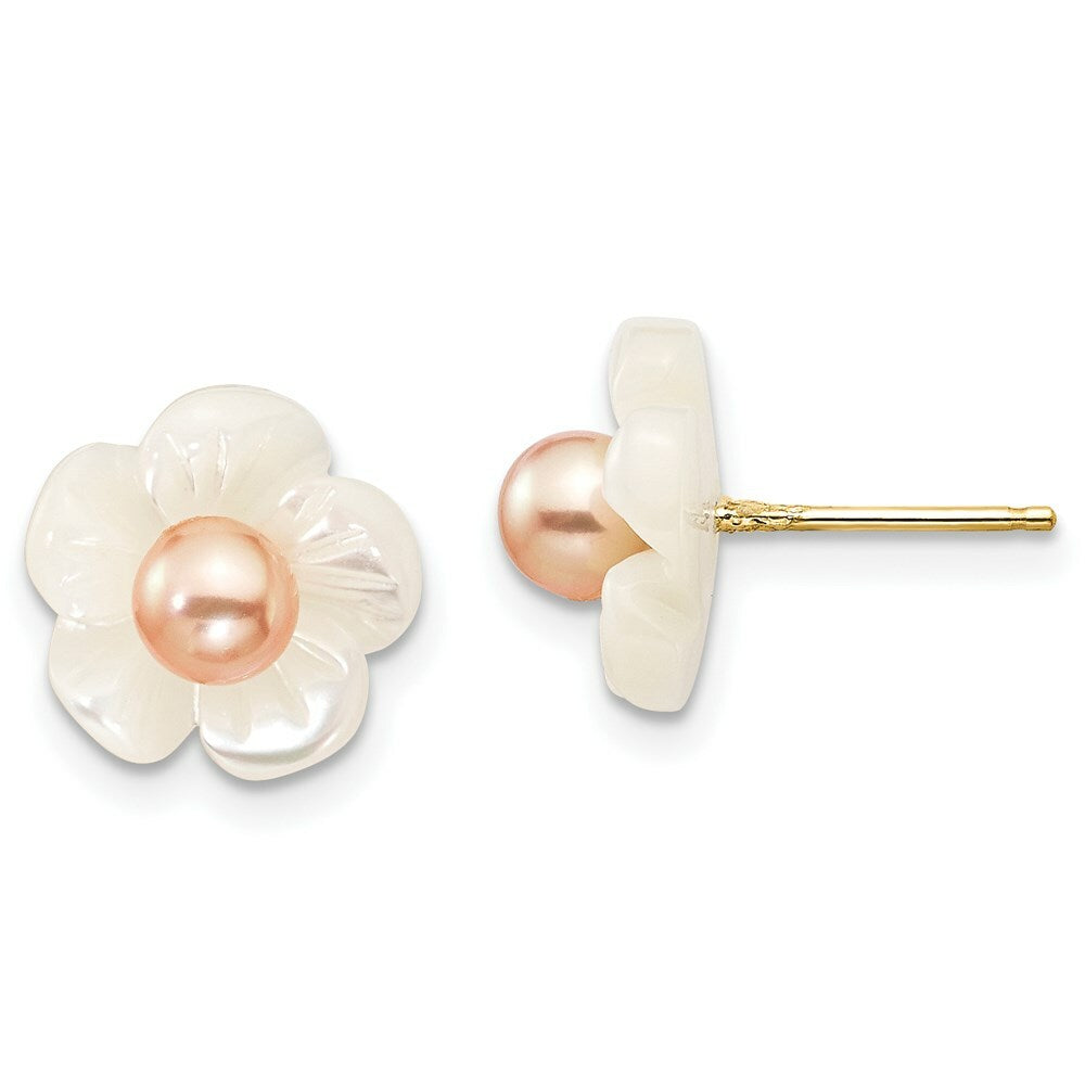 14K Yellow Gold 3-4mm Pink Freshwater Cultured Pearl 10mm Mother of Pearl Flower Post Stud Earrings