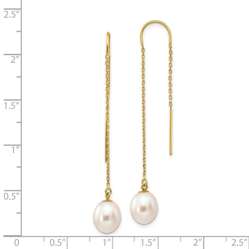 14K Yellow Gold 7-8mm White Freshwater Cultured Rice Pearl Dangle Threader Earrings
