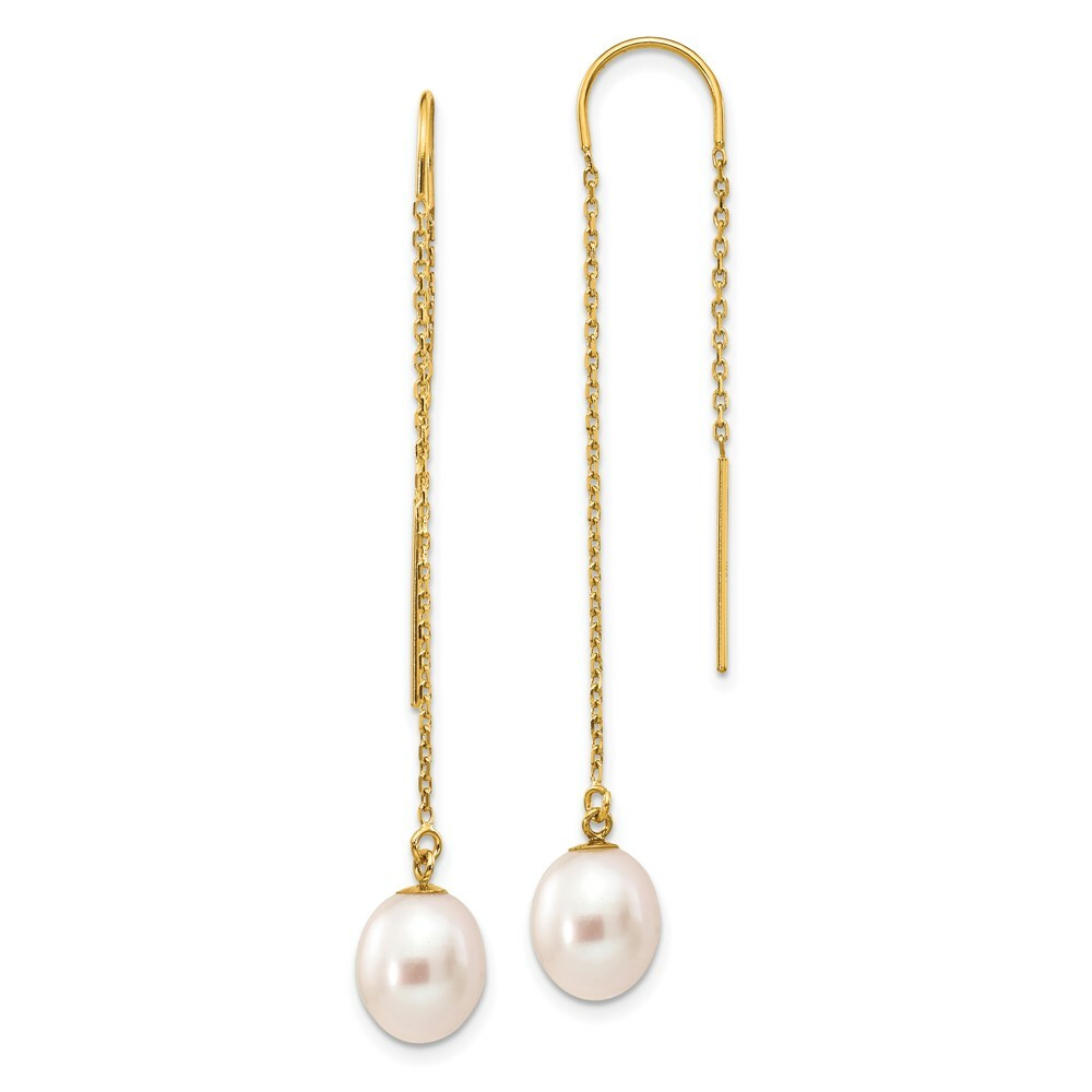 14K Yellow Gold 7-8mm White Freshwater Cultured Rice Pearl Dangle Threader Earrings