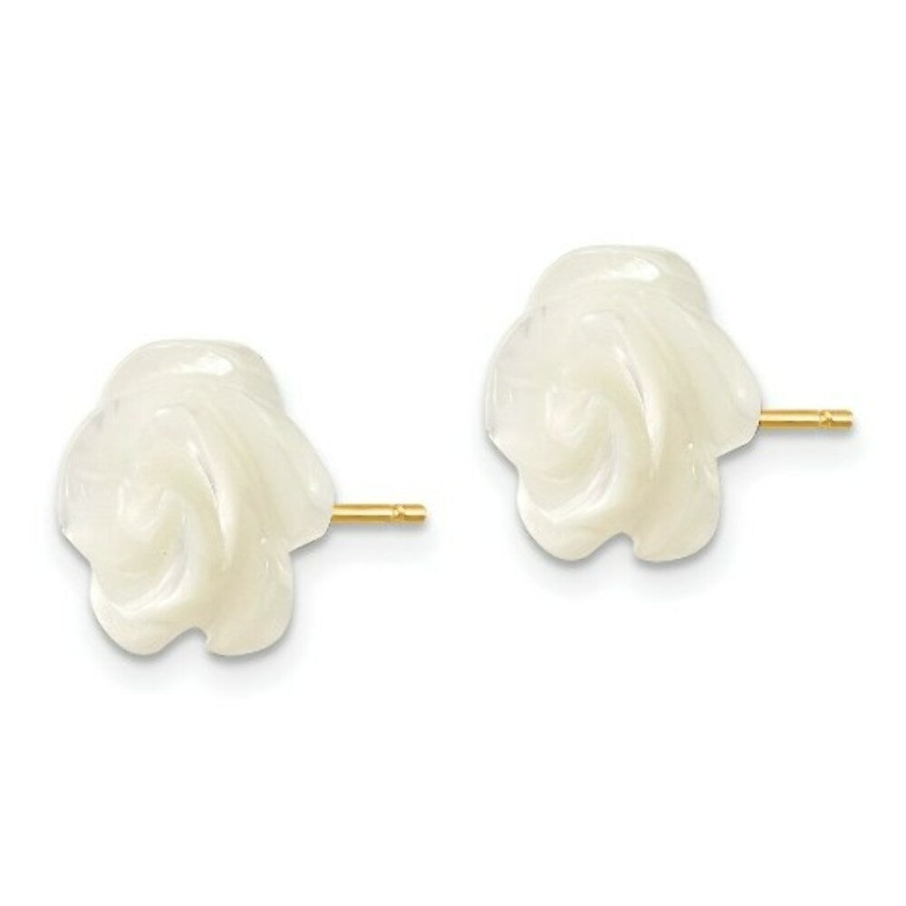 14K Yellow Gold 10mm White Mother of Pearl Flower Post Stud Earrings