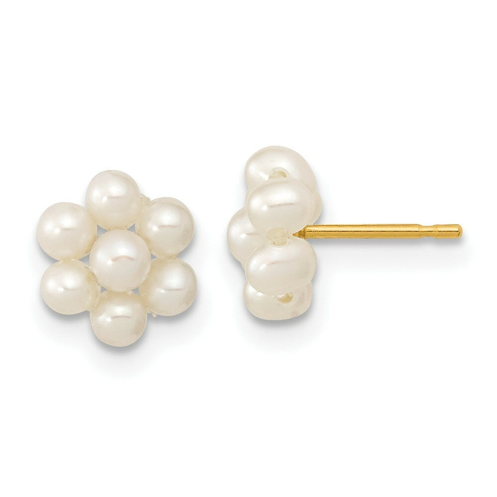 14K Yellow Gold Children's White 2-3mm Freshwater Cultured Pearl Flower Earrings