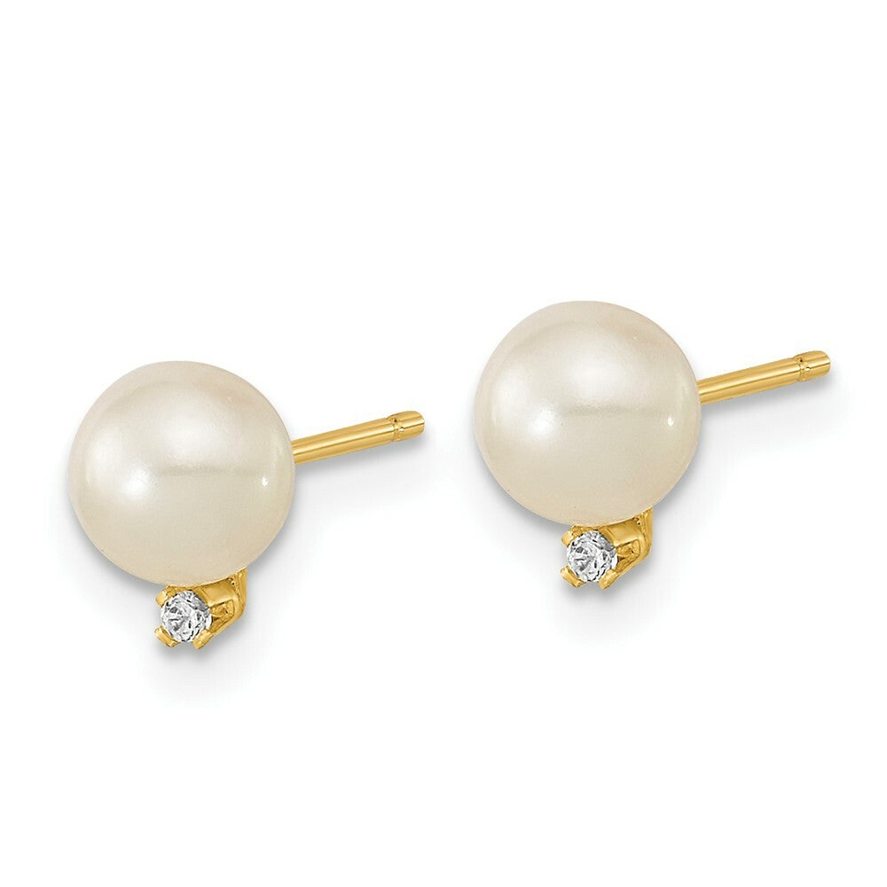 14K Yellow Gold Children's 5-5.5mm White Round Freshwater Cultured Pearl CZ Earrings
