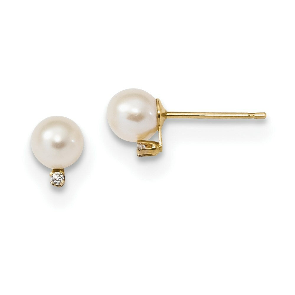 14K Yellow Gold Children's 5-5.5mm White Round Freshwater Cultured Pearl CZ Earrings