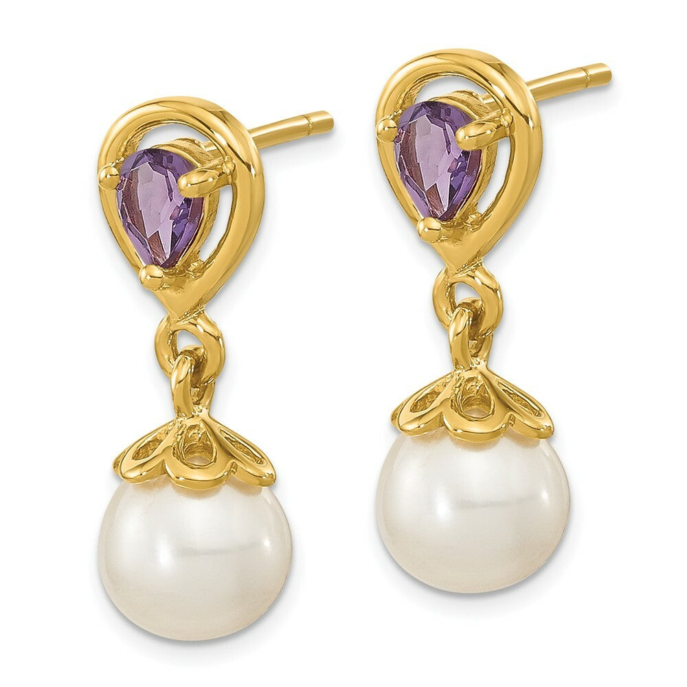 14K Yellow Gold with Amethyst and Freshwater Cultured Pearl Post Dangle Earrings