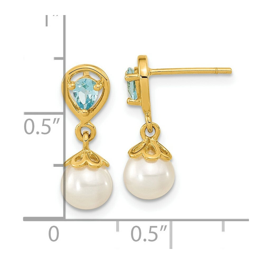 14K Gold with Light Swiss Blue Topaz & Freshwater Cultured Pearl Post Dangle Earrings