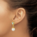 Load image into Gallery viewer, 14K Gold with Light Swiss Blue Topaz &amp; Freshwater Cultured Pearl Post Dangle Earrings
