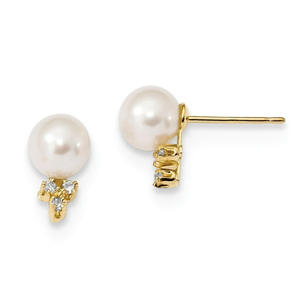14K Yellow Gold 6-7mm White Round Freshwater Cultured Pearl .06-Carat tw Diamond Earrings