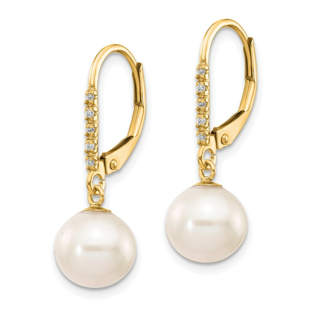 14K Yellow Gold 8-9mm White Round Freshwater Cultured Pearl .05ct Diamond Leverback Earrings