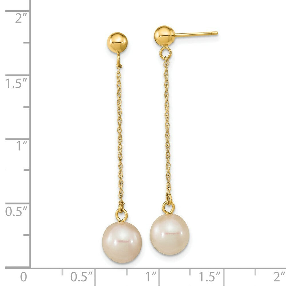 14K Yellow Gold 7-8mm White Round Freshwater Cultured Pearl Post Dangle Earrings