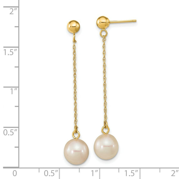 14K Yellow Gold 7-8mm White Round Freshwater Cultured Pearl Post Dangle Earrings