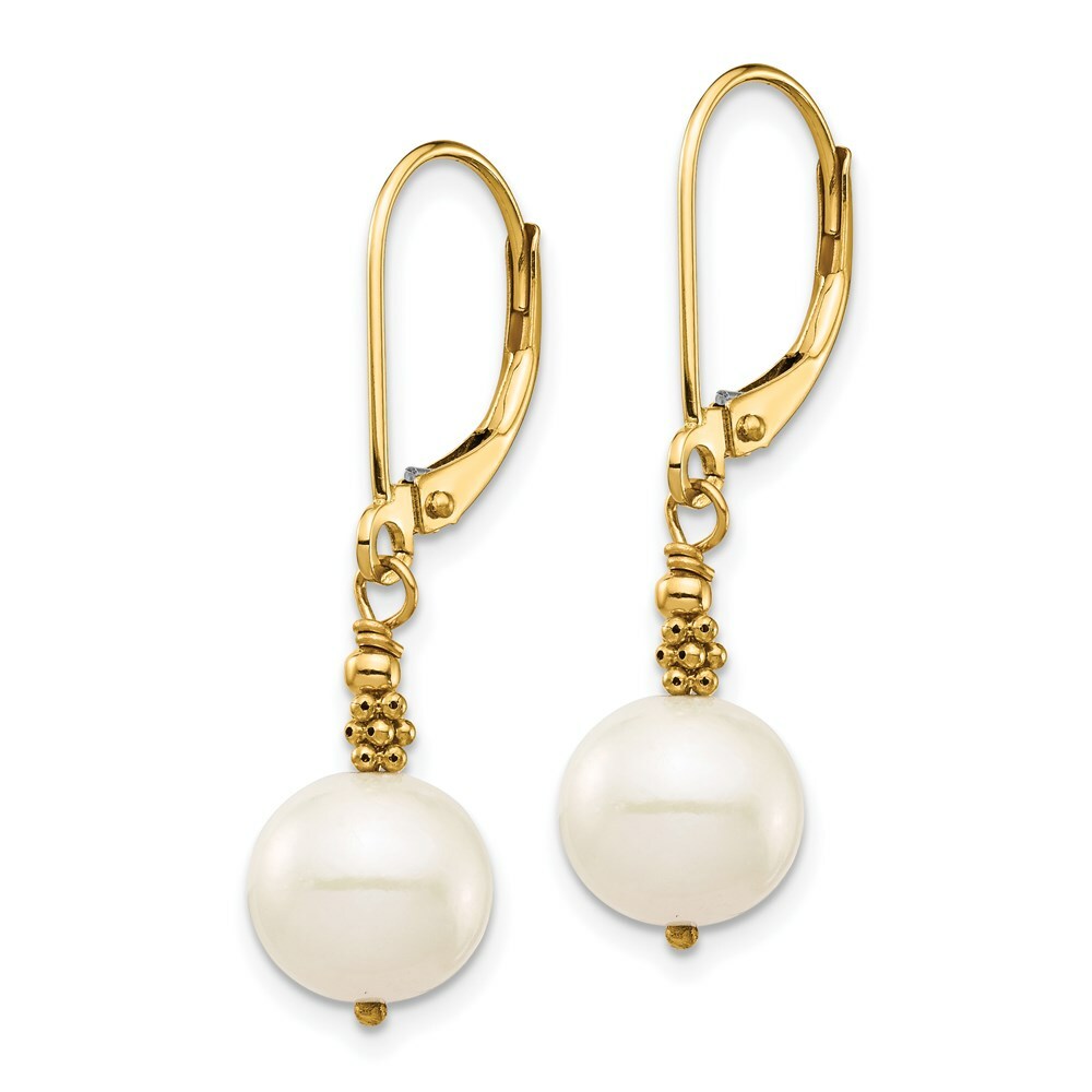 14K Yellow Gold 8-9mm Near Round White Freshwater Cultured Pearl Leverback Earrings