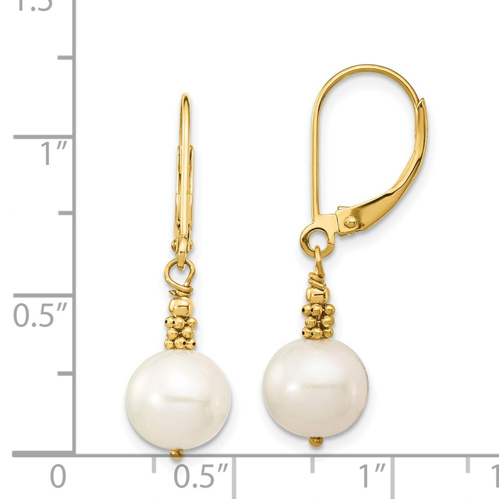 14K Yellow Gold 8-9mm Near Round White Freshwater Cultured Pearl Leverback Earrings