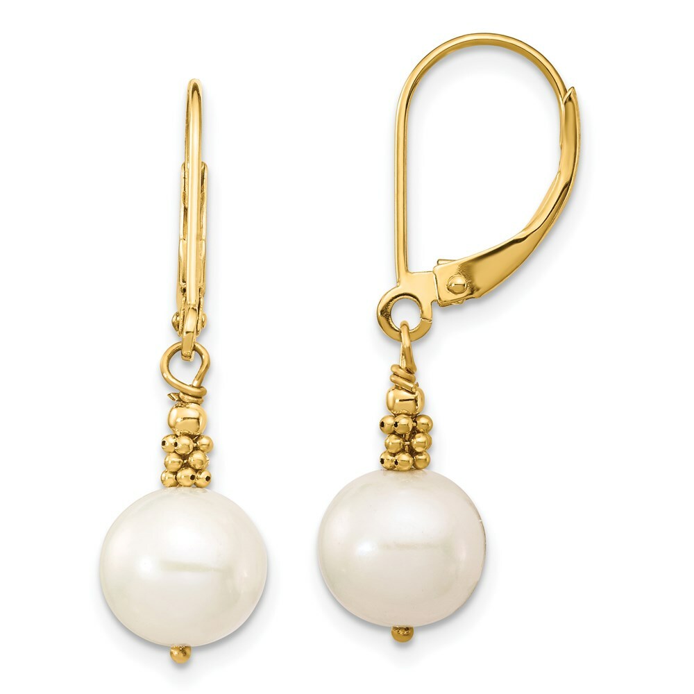 14K Yellow Gold 8-9mm Near Round White Freshwater Cultured Pearl Leverback Earrings