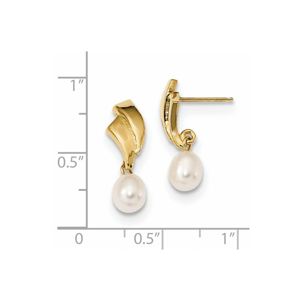14K Yellow Gold 5-6mm White Rice Freshwater Cultured Pearl Post Dangle Earrings