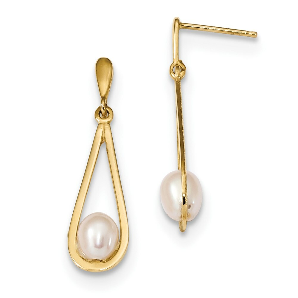 14k Yellow Gold 5-6mm White Freshwater Cultured Pearl Post Dangle Earrings