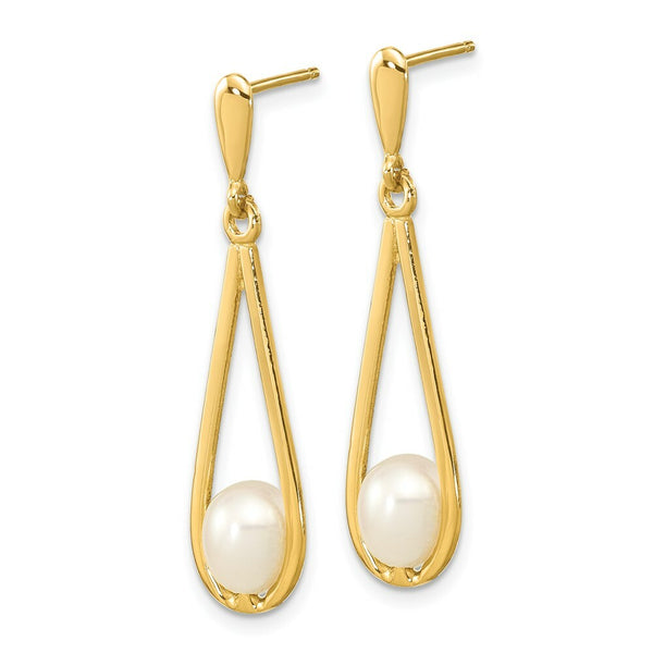14k Yellow Gold 5-6mm White Freshwater Cultured Pearl Post Dangle Earrings