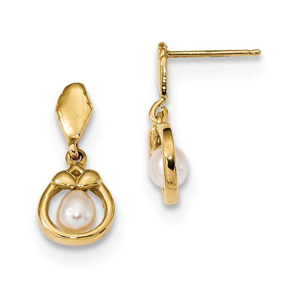 14k Yellow Gold 3-4mm White Freshwater Cultured Pearl Post Dangle Earrings