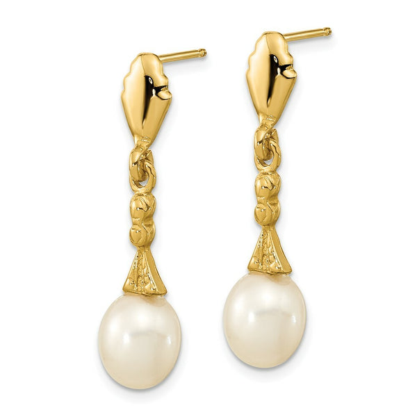 14k Yellow Gold 5-6mm White Rice Freshwater Cultured Pearl Post Dangle Earrings