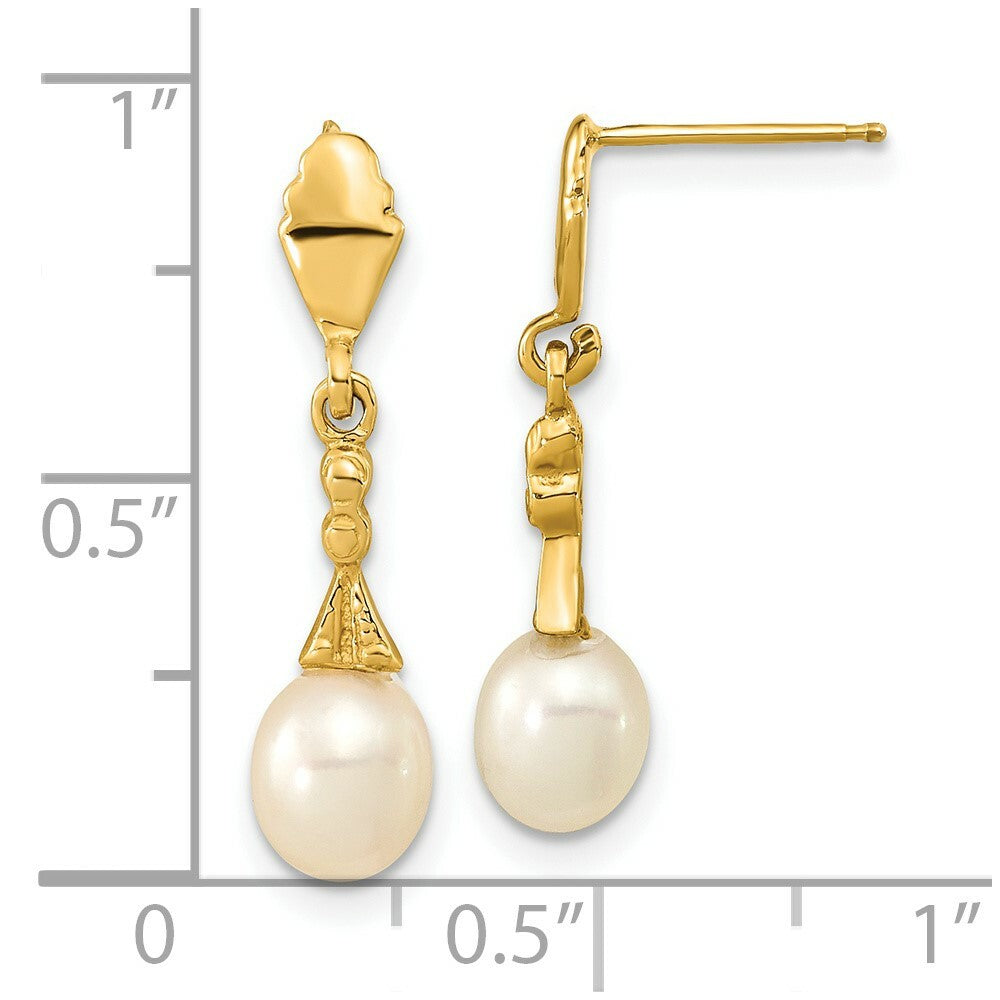 14k Yellow Gold 5-6mm White Rice Freshwater Cultured Pearl Post Dangle Earrings