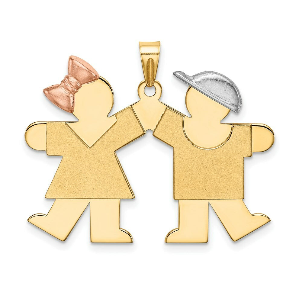 14K Tri-Color Gold Large Girl on Left & Boy on Right Engravable Charm