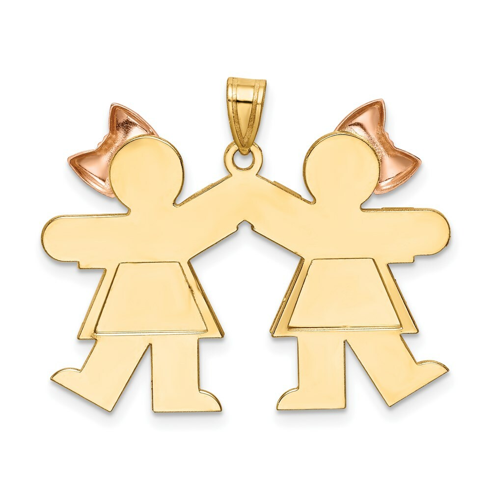 14K Two-tone Gold Double Girl Kids Pink Bow Charm Pendant