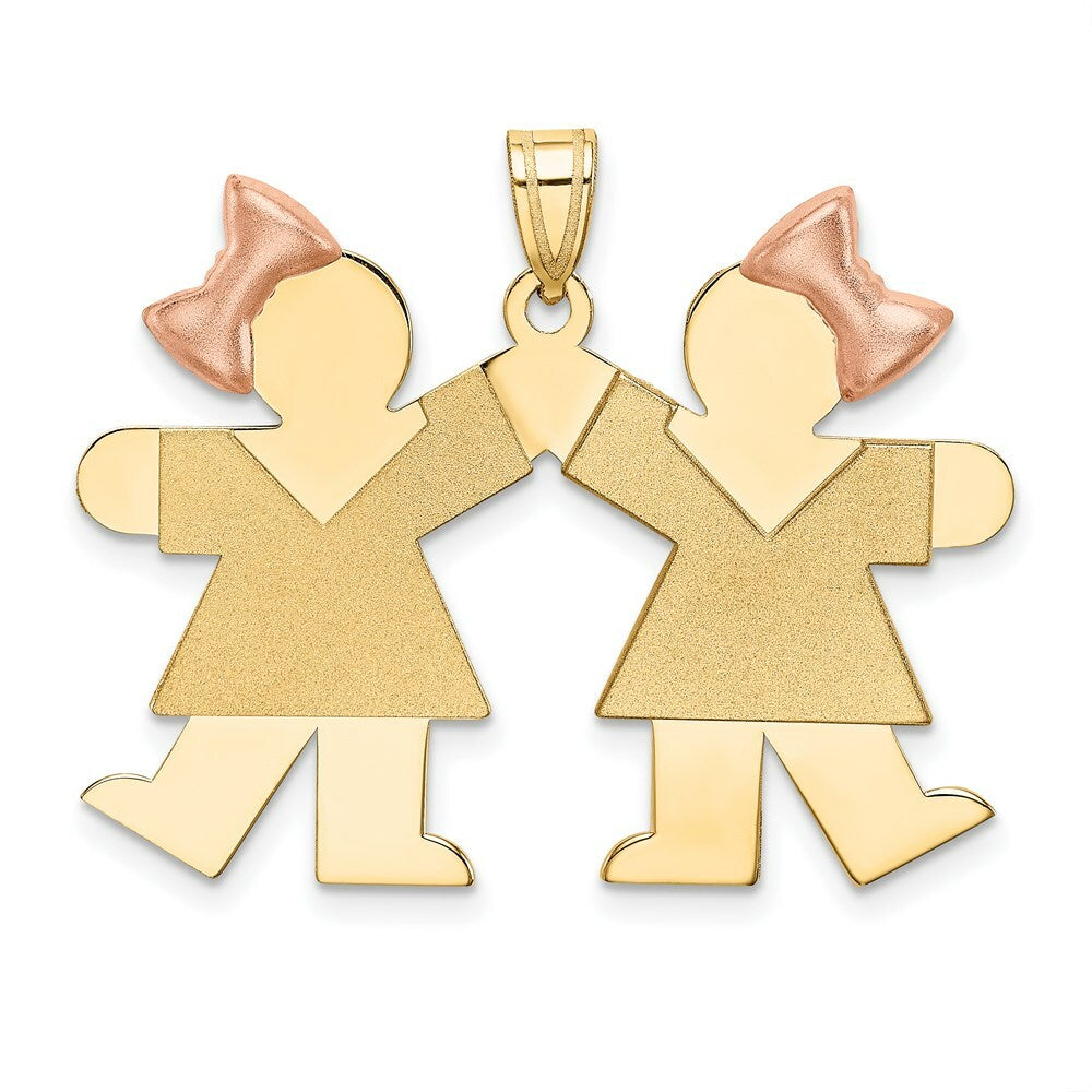 14K Two-tone Gold Double Girl Kids Pink Bow Charm Pendant